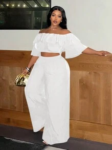 Slaydiva Casual Basic Ruffle Ruffle Edge Wide Leg Pants Plus Size Women's Set