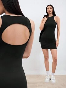 SHEIN Sport Gameset Women's Summer Solid Color Backless Sleeveless Sports Romper Dress