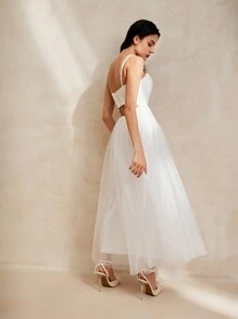 Anewsta Ladies' Beaded Mesh Party Dress With Spaghetti Straps - White - View 3