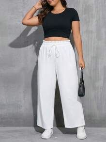 SHEIN Essnce 女裝加大碼彈性腰鬆身白色休閒長褲，帶褶邊設計 - 白色 - 查看 5