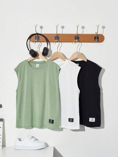 SHEIN Tween Boy 3pcs/Set Summer Knit Loose Fit Round Neck Letter Patched Tank Top, School, Campus, College