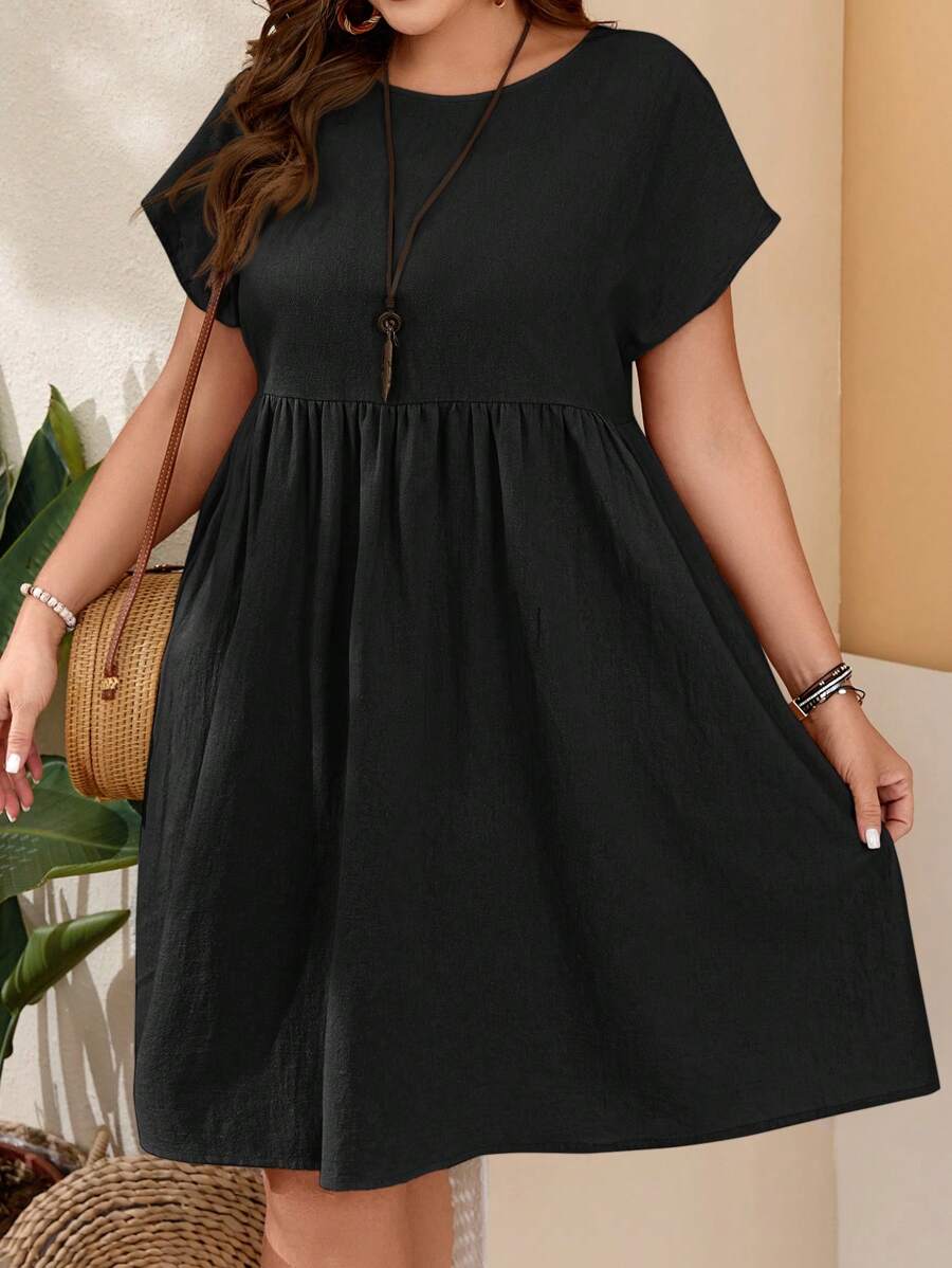 EMERY ROSE Plus Size Women'S Round Neckline WaistCinching Khaki Dress