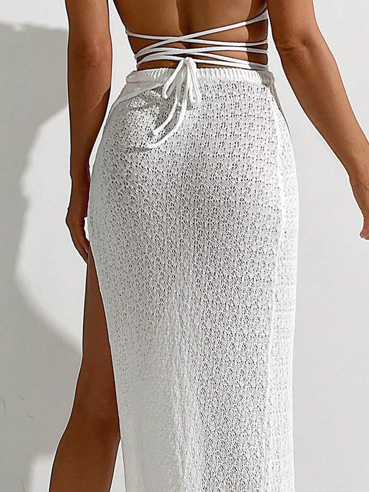 Chiffon Cover Up With Left Side Slit, Machine Knit Set, 2pcs/Set Festival Outfits Summer