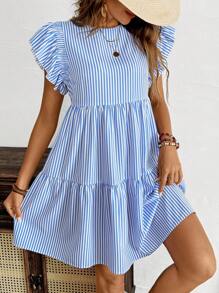 SHEIN LUNE 假日休閒條紋荷葉邊束腰連身裙 - 藍色 - 查看 4