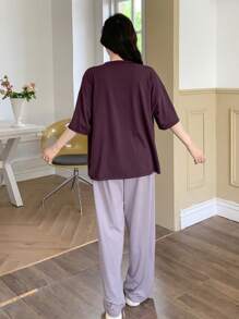 DAZY Bộ đồ mặc nhà áo tay ngắn in chữ và quần dài màu trơn, quần áo trở lại trường, đồ ngủ - Màu tím - Xem 2