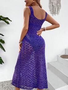 Hollow Out V-Neck Sleeveless Knitted Coverup Dress For Vacation - Purple - View 2