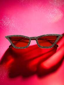 015068863-0007-17077 1 pieza Gafas de ojo de gato con marco rosa, decoración de cristales y strass, de lujo para fiestas y festivales. Lindo y de moda, adecuado para fiestas con temática. (Incluye paño de limpieza) Gafas de novia blancas/Accesorio de boda, San Valentín, para verano, playa, al aire libre, viajes