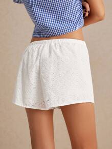 Poéselle Cotton Women's Solid Color Hollow Out Embroidery Elastic Waist Summer Casual White Shorts, Comfy Shorts, Cute Shorts, Lounge Shorts - White - View 6