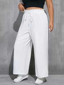 SHEIN Essnce 女裝加大碼彈性腰鬆身白色休閒長褲，帶褶邊設計 - 白色 - 查看 4