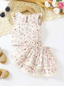 SHEIN Vintaside Kids Conjunto de top y falda con volantes con estilo rural y estampado floral diminuto para niña joven - Multicolor - Ver 2