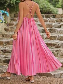 SHEIN VCAY 夏季女性假期印花細肩帶無背心長A字裙，褶皺設計 - 粉色 - 查看 2