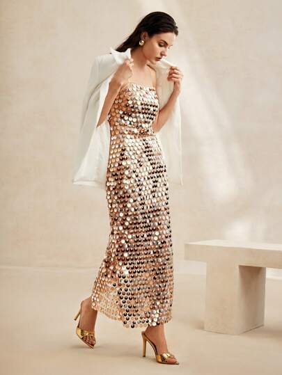 Anewsta 设计师亮片修身闪亮吊带背心优雅夏季连衣裙新年节日派对服装长款女装