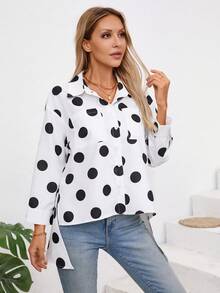 Women's Vacation Casual Polka Dot Printed High-Low Shirt - Black and White - View 1