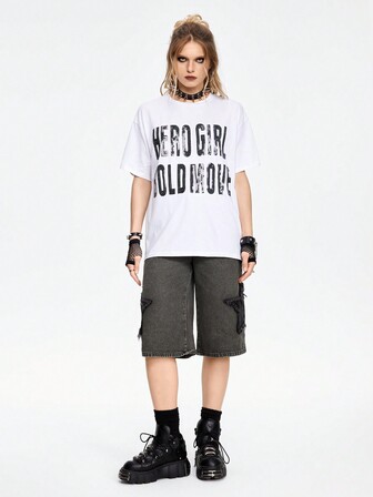 Grunge Punk Maglietta casual da donna a tinta unita ampia con fresca parola Miss lettera sequin ricamo