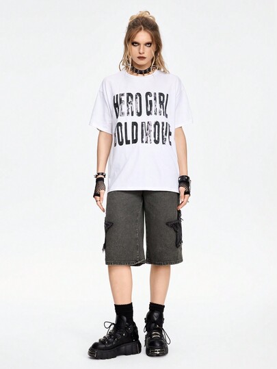 Grunge Punk تي شيرت نسائي عادي فضفاض بلون سادة وعليه كلمة Miss مطرزة بخرز حرف السين