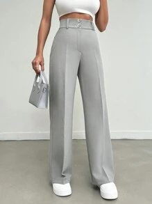 SHEIN Cottnline Plus Size Women's Solid Color Elegant High Waist Straight Leg Pants, With Pleats And Button Decoration At Waist - Grey - View 3