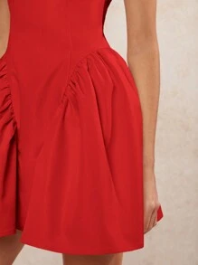 L'Amorae Ruffle Hem Square Neck Solid Elegant Dress - Red - View 3