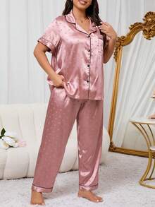 Plus Size Stretch Satin Heart Pattern Pajama Set With Lapel Collar And Front Opening