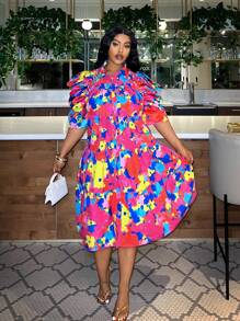 Slaydiva Colorful Casual Plus Size Printed Loose Puff Sleeve A-Line Dress For Women