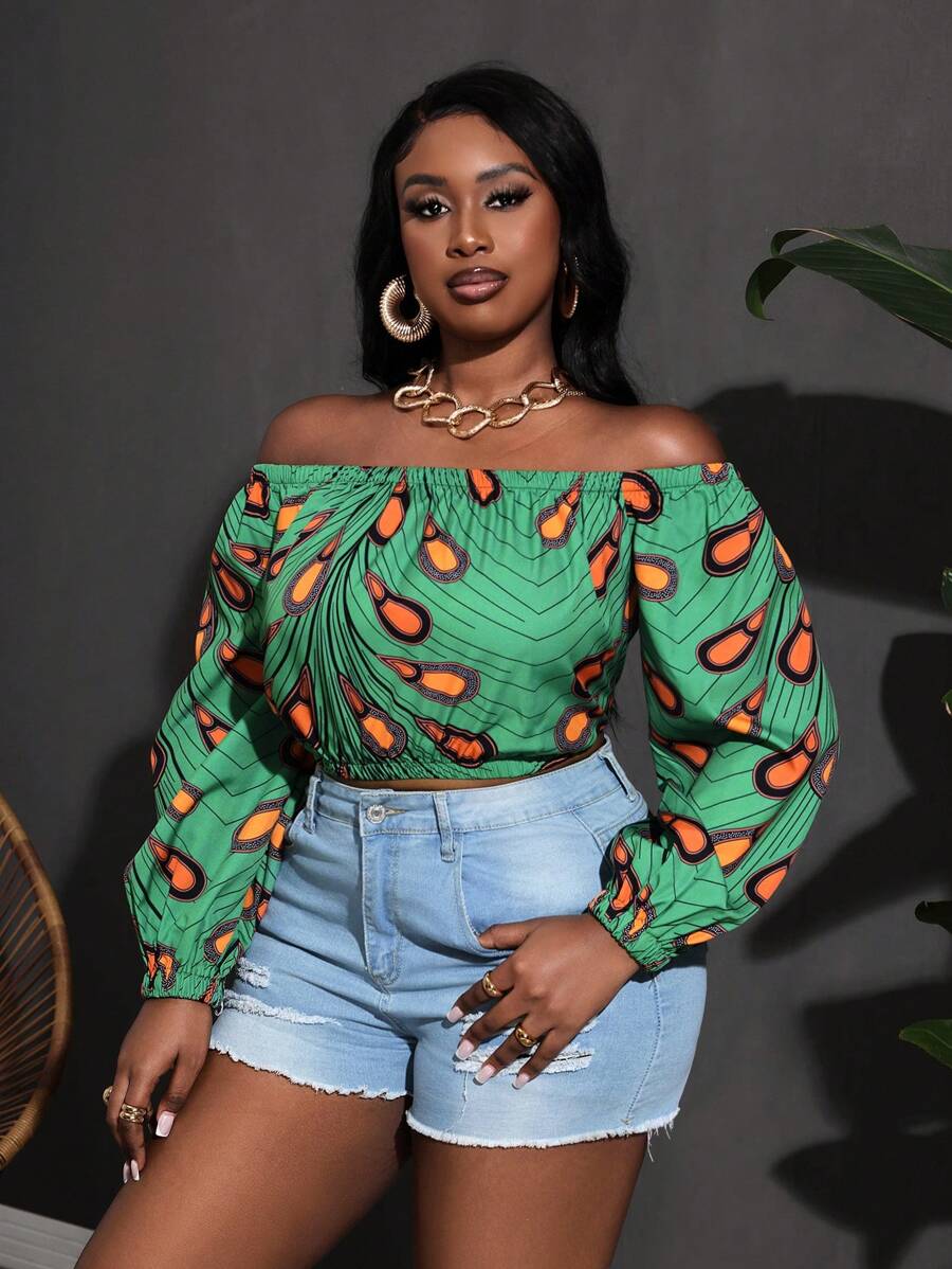 Slaydiva Damen Große Größen Bluse mit Off-Shoulder Crop-Top Schnitt für den Urlaub