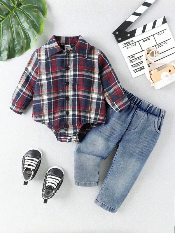Conjunto de camisa de cuadros, peto vaquero y jeans para bebés niños, para Navidad