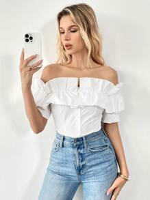 Breezaya Áo cánh hở vai màu trơn mùa hè cho nữ, cài nút đơn, áo tay ngắn - trắng - Xem 3