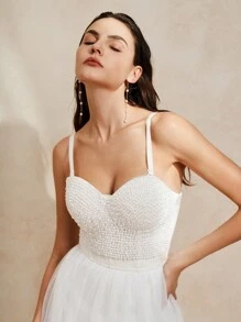 Anewsta Ladies' Beaded Mesh Party Dress With Spaghetti Straps - White - View 4