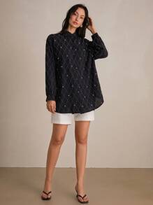 SHEIN Privé Áo sơ mi dài tay đính kim cương cổ bẻ phía trước dành cho nữ, trang phục công sở thanh lịch, giản dị, áo sơ mi cài nút cho nữ - màu đen - Xem 5