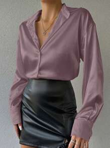 EURMUSE Elegant Office Style Solid Color Button Front Shirt - Violet Purple - View 3