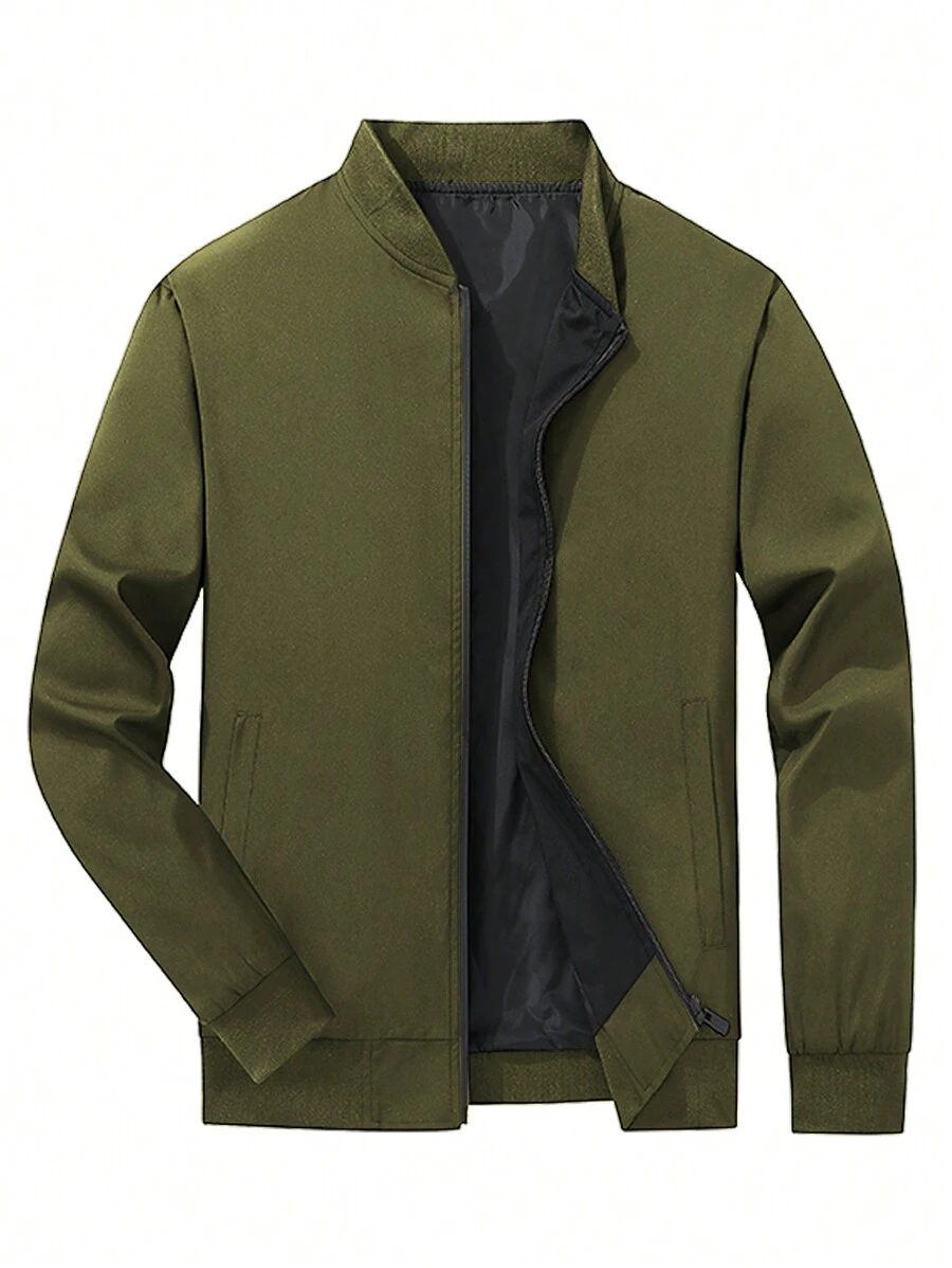 Manfinity Homme Men's Plus Size Spring And Autumn Casual Solid Color Baseball Collar Jacket - Army Green - View 1