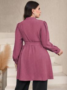 Mulvari Elegant Plus Size Women's Solid Color Stand Collar Long Sleeve Waist Tie Commuting Shirt, Spring/Summer, Longline Modest Shirt Fall Cloth For Women