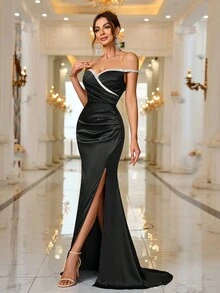 新品露肩露肩高开叉晚礼服，春夏 - 黑色 - 查看 5