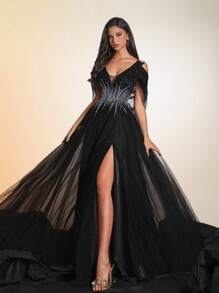 VIPGIRL Long Beaded Elegant Mesh Women's Evening Party Dress Black Formal Prom Wedding Guest Gown, For Graduation, Dinner - 黑色 - 查看 4