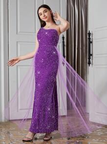 SHEIN Vestido de fiesta de escote asimétrico con aplicaciones de cuentas y malla para chicas adolescentes, adecuado para bodas, fiestas y cumpleaños