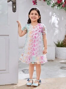 SHEIN 女孩夏季假日彩虹刺繡寬鬆A字網紗公主裙，短袖和圓領，適合舞會和生日慶祝活動 - 粉色 - 查看 4