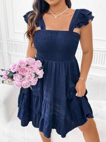 SHEIN Clasi Robe d'été décontractée, sans manches, de grande taille, à ourlet à volants unicolore - Bleu marine - Voir 4