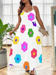 SHEIN LUNE Vestido casual y sencillo para mujer de talla grande con estampado floral colorido con tirantes de espagueti - Negro - Ver 1