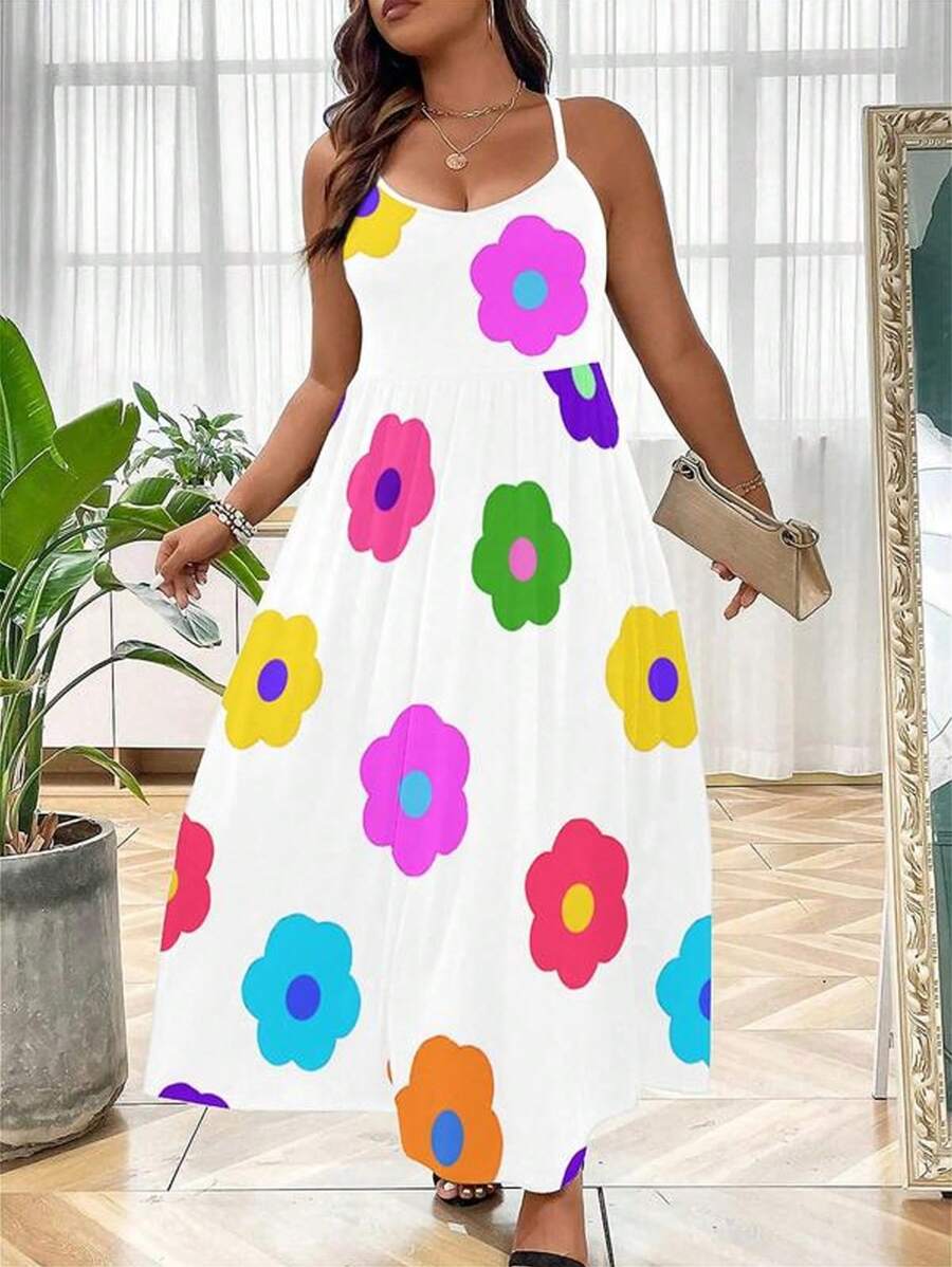 SHEIN LUNE Vestido casual y sencillo para mujer de talla grande con estampado floral colorido con tirantes de espagueti - Negro - Ver 1
