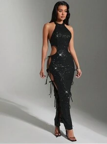 Hauture Women's Solid Color Open Shoulder Hollow-Out Sexy Summer Dress - Black - View 3