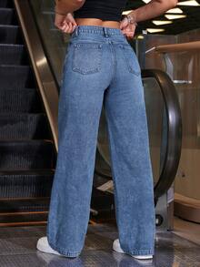 SHEIN EZwear Quần jean denim lưng cao bất đối xứng dáng rộng dáng rộng cho nữ - Rửa trung bình - Xem 3