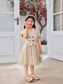 SHEIN Set de 2 piezas para niña: Blusa de solapa sólida color albaricoque con botones de estampado de leopardo + Falda de doble capa de malla con cintura de lazo tejido, estilo femenino para el verano - Caqui - Ver 1