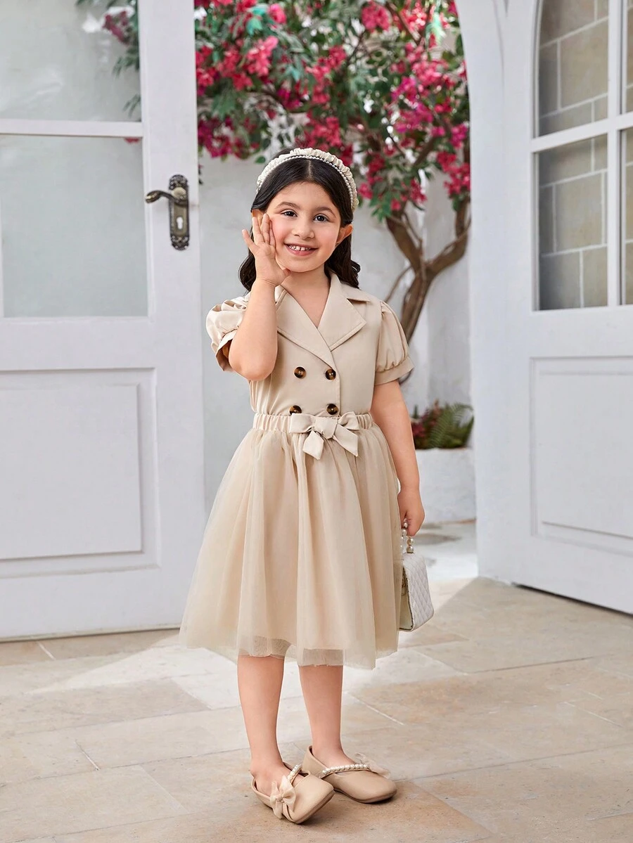 SHEIN Set de 2 piezas para niña: Blusa de solapa sólida color albaricoque con botones de estampado de leopardo + Falda de doble capa de malla con cintura de lazo tejido, estilo femenino para el verano - Caqui - Ver 1