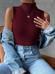 SHEIN Clasi Camiseta sin mangas de verano para mujer de cuello alto en unicolor, sencilla y a la moda