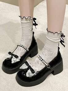 新款瑪麗珍甜美時尚楔跟和厚底蝴蝶結鞋款，女士專用 - 黑色 - 查看 3