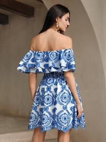 Anewsta Off Shoulder Ruffle Hem Double Layer Beach Vacation Dress