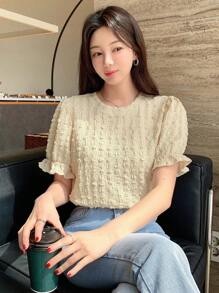 DAZY Solid Color Textured Puff Sleeve Integrated Short Sleeve Women T-Shirt Summer,Ruffle - Apricot - View 4