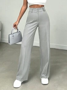 SHEIN Cottnline Plus Size Women's Solid Color Elegant High Waist Straight Leg Pants, With Pleats And Button Decoration At Waist - Grey - View 7