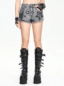 ROMWE Grunge Punk Quần short denim nữ đính sequin thêu khối màu theo phong cách Punk - Xám - Xem 1