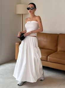 DAZY Váy ô màu trơn có dây rút eo & dây thắt lưng co giãn cho nữ - trắng - Xem 5