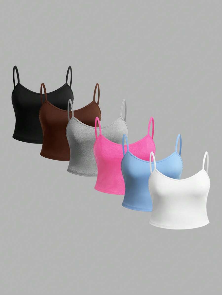 SHEIN EZwear 6 件大码女式休闲简约吊带背心，夏季 - 彩色 - 查看 1